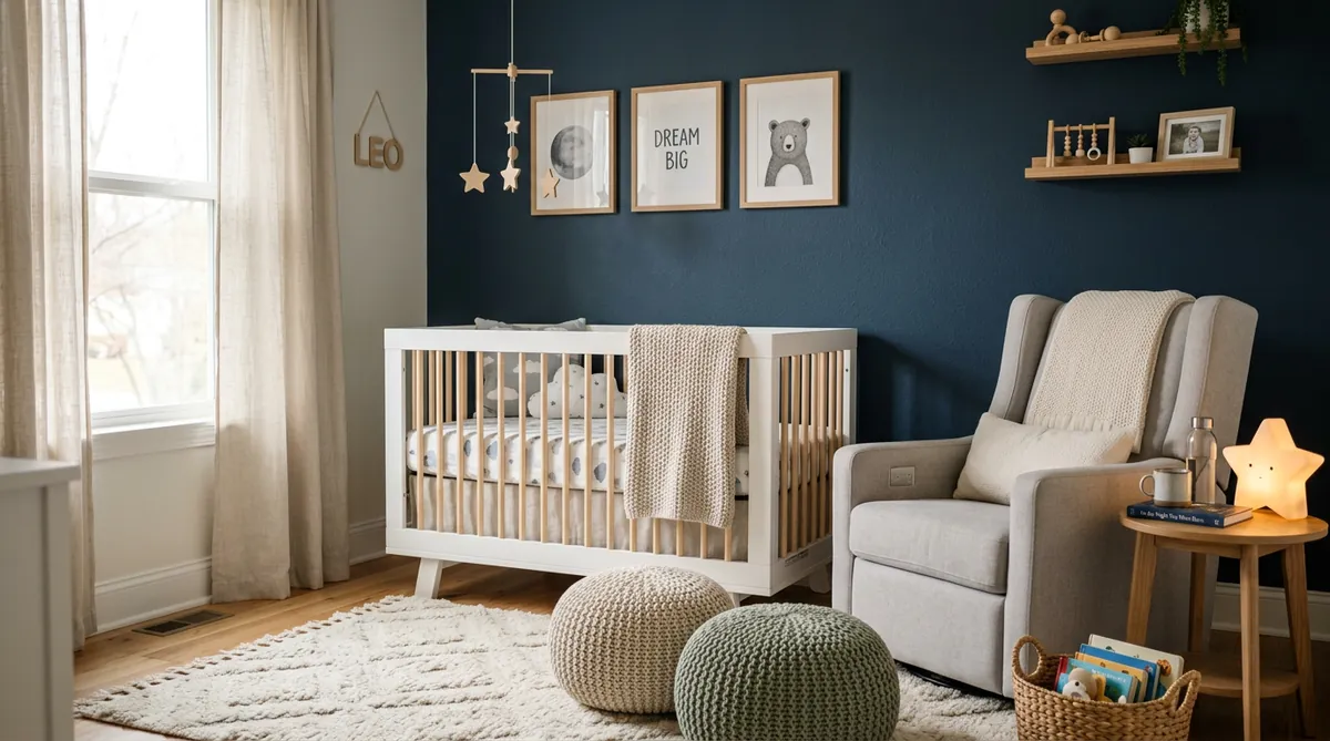 Modernes Kinderzimmer mit dunkelblauer Akzentwand und gemütlichem Sessel