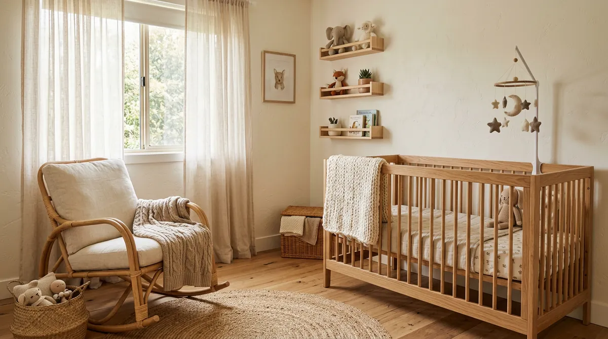 Warmes Babyzimmer in Naturtönen mit Holzmöbeln und Schaukelstuhl