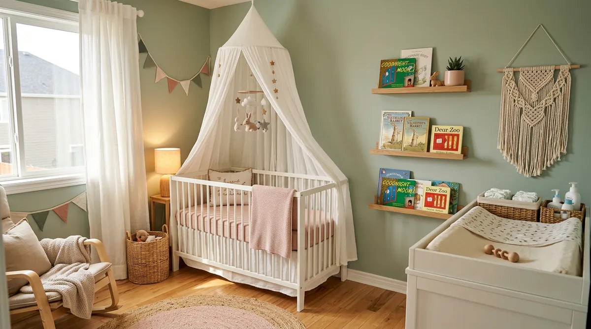 Sanftes Kinderzimmer in Salbeigrün mit Baldachin und Makramee